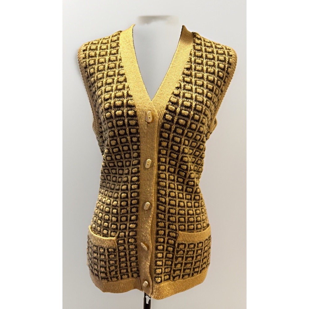Vintage Grandpa Fall Beige Brown Geometric Knit V-Neck Button Vest Pockets S/M